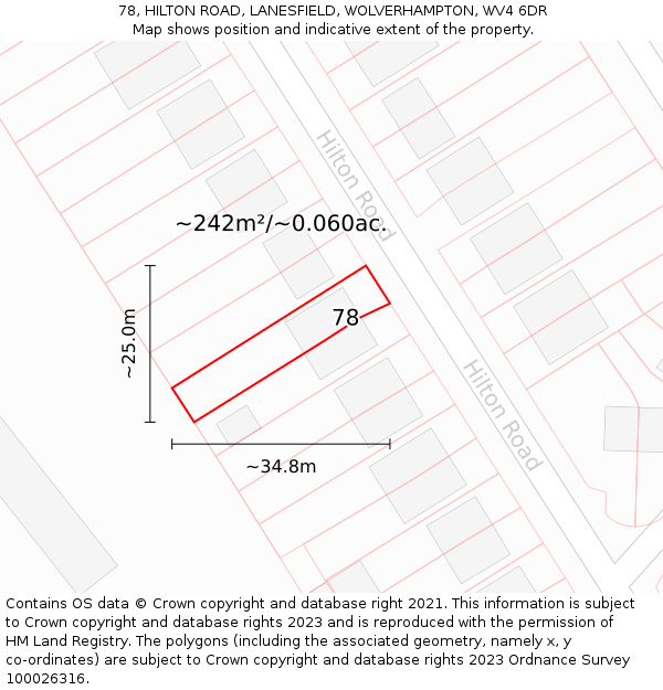 78, HILTON ROAD, LANESFIELD, WOLVERHAMPTON, WV4 6DR: Plot and title map