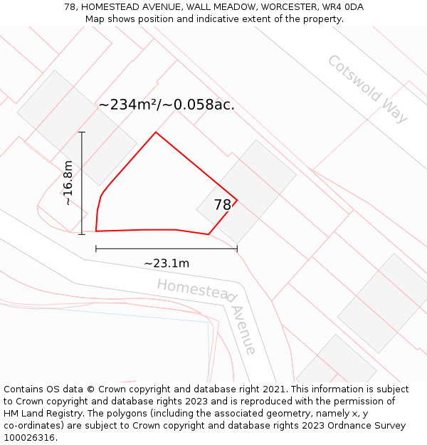 78, HOMESTEAD AVENUE, WALL MEADOW, WORCESTER, WR4 0DA: Plot and title map