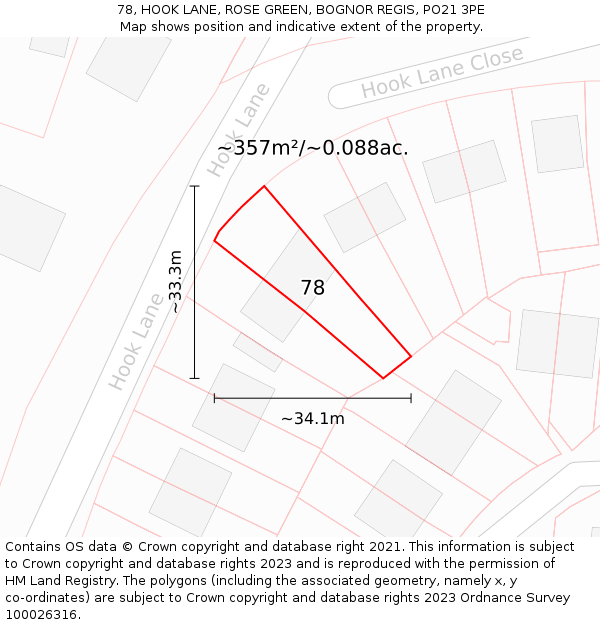 78, HOOK LANE, ROSE GREEN, BOGNOR REGIS, PO21 3PE: Plot and title map