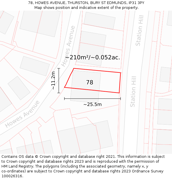 78, HOWES AVENUE, THURSTON, BURY ST EDMUNDS, IP31 3PY: Plot and title map