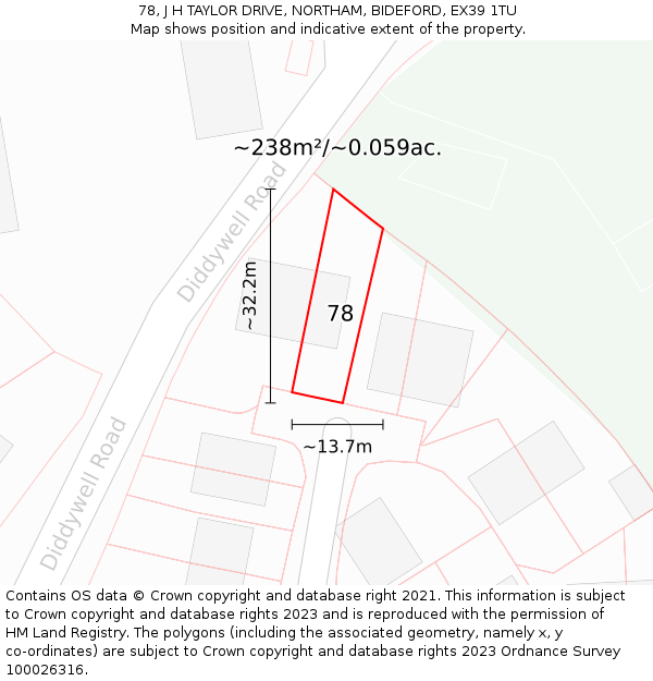 78, J H TAYLOR DRIVE, NORTHAM, BIDEFORD, EX39 1TU: Plot and title map