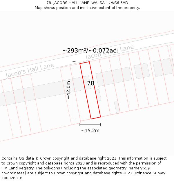 78, JACOBS HALL LANE, WALSALL, WS6 6AD: Plot and title map