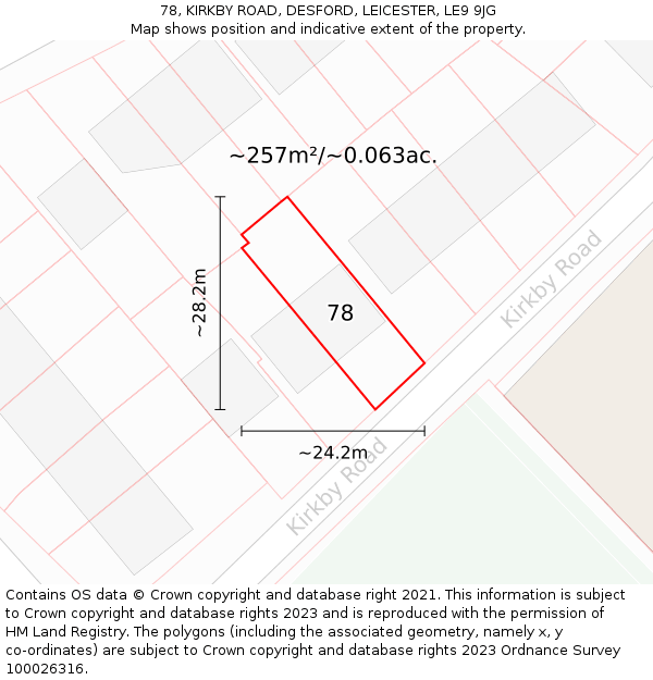 78, KIRKBY ROAD, DESFORD, LEICESTER, LE9 9JG: Plot and title map