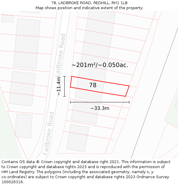 78, LADBROKE ROAD, REDHILL, RH1 1LB: Plot and title map