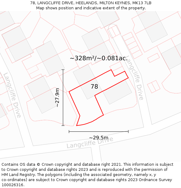 78, LANGCLIFFE DRIVE, HEELANDS, MILTON KEYNES, MK13 7LB: Plot and title map