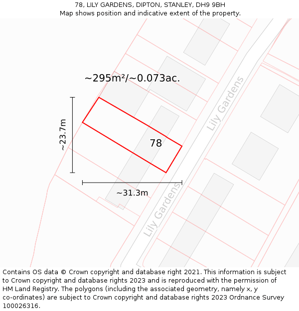 78, LILY GARDENS, DIPTON, STANLEY, DH9 9BH: Plot and title map