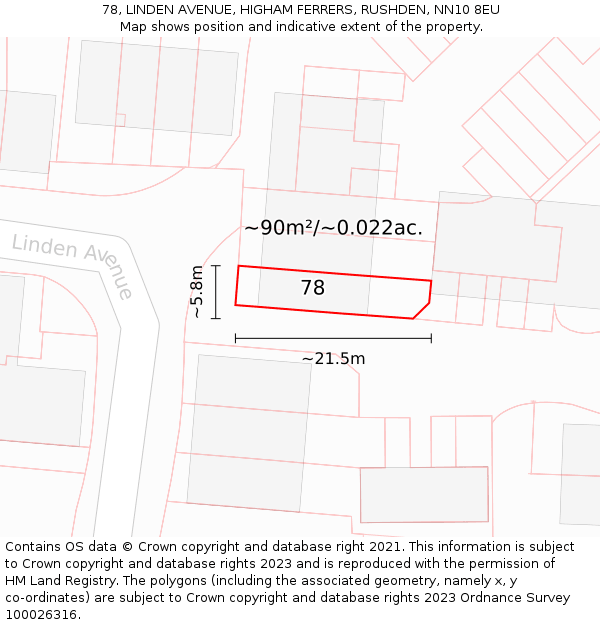 78, LINDEN AVENUE, HIGHAM FERRERS, RUSHDEN, NN10 8EU: Plot and title map