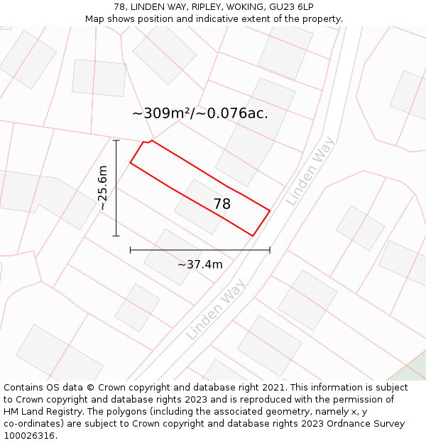 78, LINDEN WAY, RIPLEY, WOKING, GU23 6LP: Plot and title map