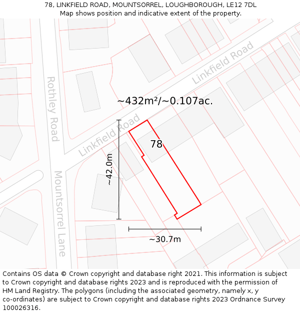 78, LINKFIELD ROAD, MOUNTSORREL, LOUGHBOROUGH, LE12 7DL: Plot and title map