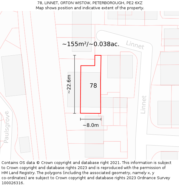 78, LINNET, ORTON WISTOW, PETERBOROUGH, PE2 6XZ: Plot and title map