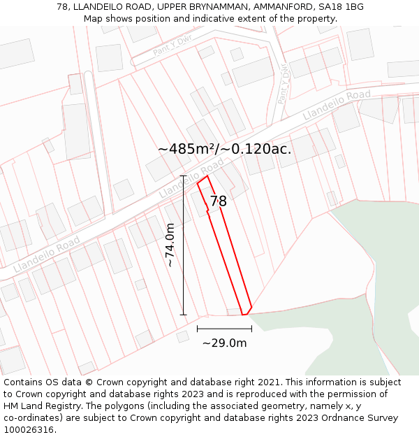 78, LLANDEILO ROAD, UPPER BRYNAMMAN, AMMANFORD, SA18 1BG: Plot and title map