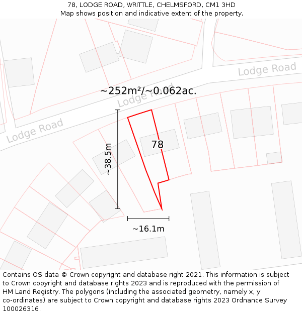 78, LODGE ROAD, WRITTLE, CHELMSFORD, CM1 3HD: Plot and title map