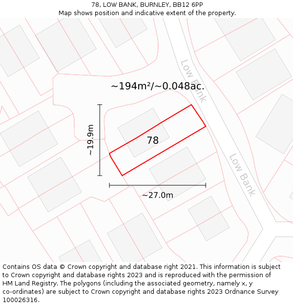 78, LOW BANK, BURNLEY, BB12 6PP: Plot and title map