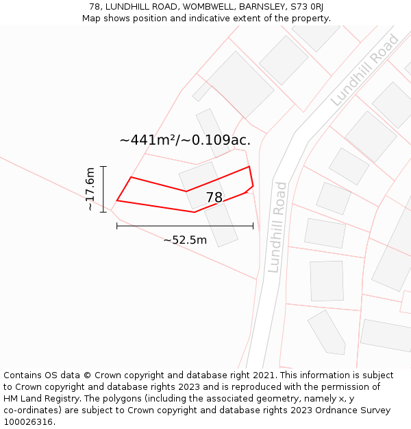 78, LUNDHILL ROAD, WOMBWELL, BARNSLEY, S73 0RJ: Plot and title map