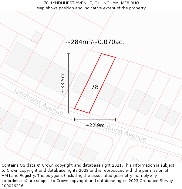 78, LYNDHURST AVENUE, GILLINGHAM, ME8 0HQ: Plot and title map