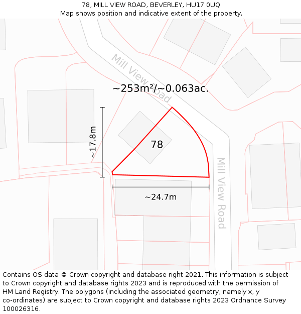 78, MILL VIEW ROAD, BEVERLEY, HU17 0UQ: Plot and title map