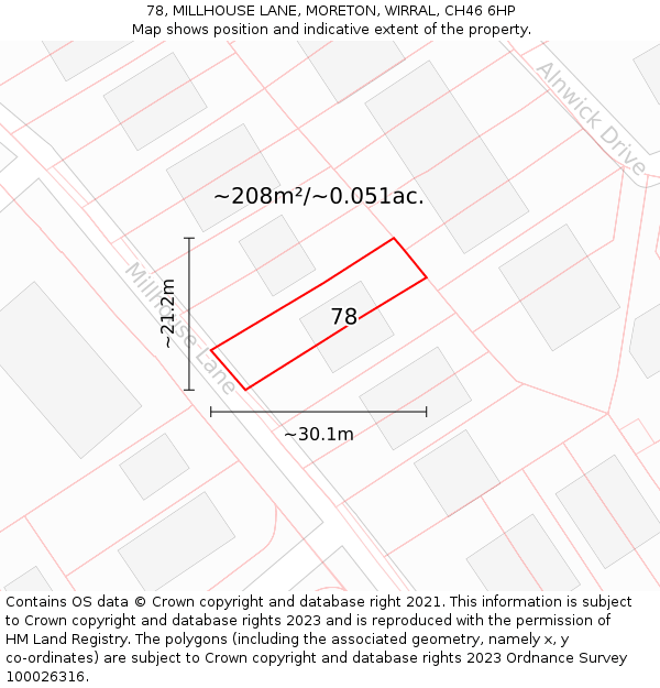 78, MILLHOUSE LANE, MORETON, WIRRAL, CH46 6HP: Plot and title map