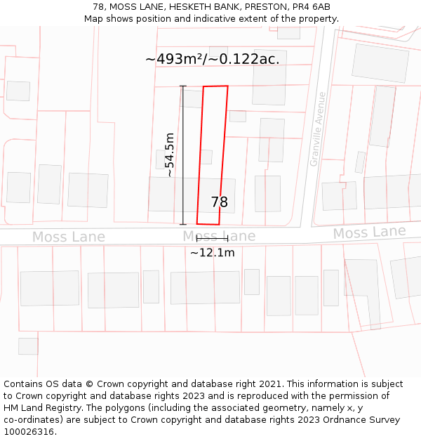 78, MOSS LANE, HESKETH BANK, PRESTON, PR4 6AB: Plot and title map