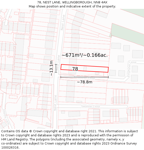 78, NEST LANE, WELLINGBOROUGH, NN8 4AX: Plot and title map