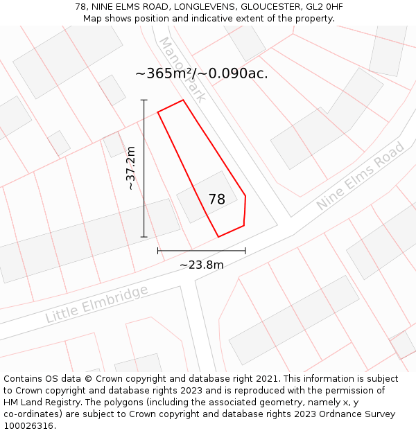 78, NINE ELMS ROAD, LONGLEVENS, GLOUCESTER, GL2 0HF: Plot and title map