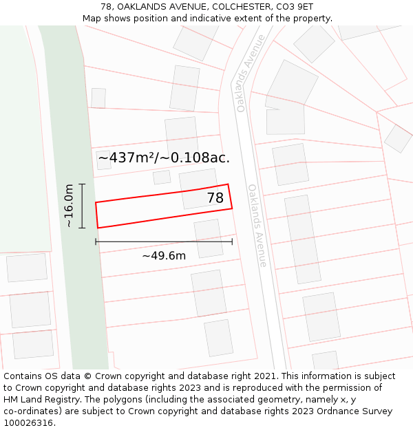 78, OAKLANDS AVENUE, COLCHESTER, CO3 9ET: Plot and title map