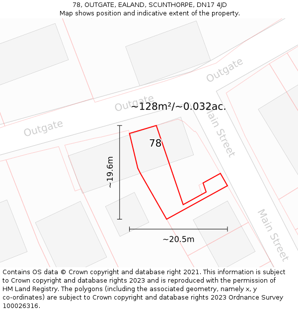 78, OUTGATE, EALAND, SCUNTHORPE, DN17 4JD: Plot and title map