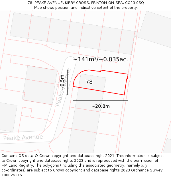 78, PEAKE AVENUE, KIRBY CROSS, FRINTON-ON-SEA, CO13 0SQ: Plot and title map