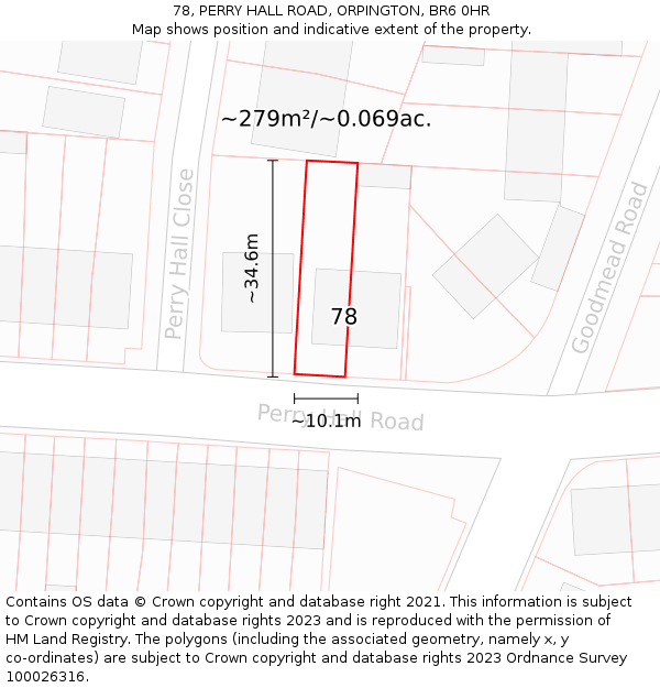 78, PERRY HALL ROAD, ORPINGTON, BR6 0HR: Plot and title map