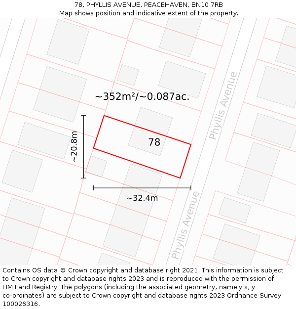 78, PHYLLIS AVENUE, PEACEHAVEN, BN10 7RB: Plot and title map