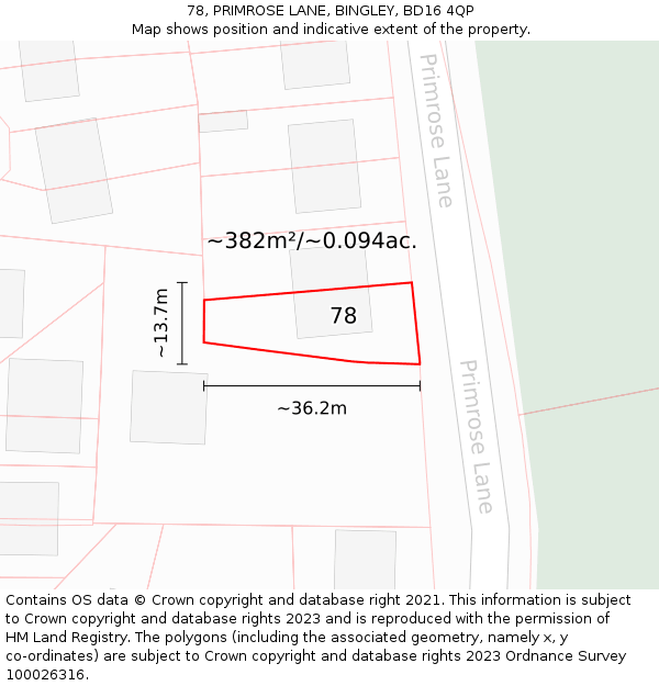 78, PRIMROSE LANE, BINGLEY, BD16 4QP: Plot and title map