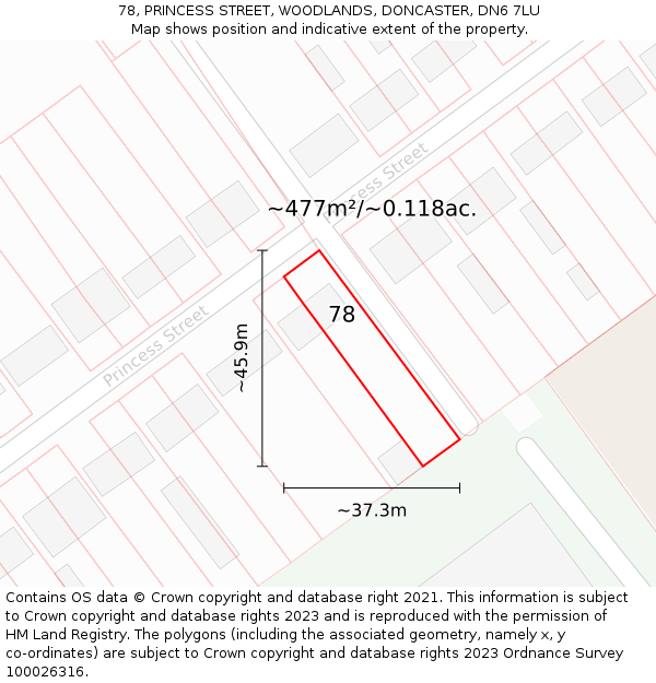 78, PRINCESS STREET, WOODLANDS, DONCASTER, DN6 7LU: Plot and title map