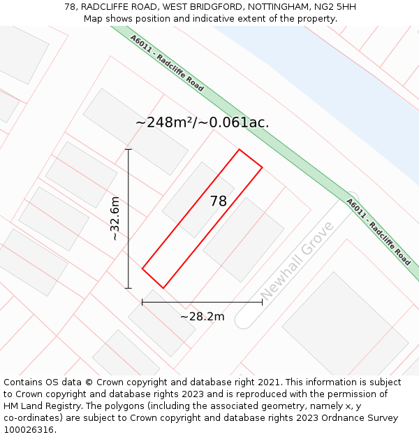 78, RADCLIFFE ROAD, WEST BRIDGFORD, NOTTINGHAM, NG2 5HH: Plot and title map