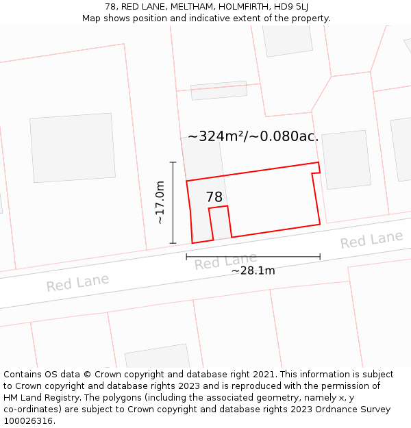 78, RED LANE, MELTHAM, HOLMFIRTH, HD9 5LJ: Plot and title map