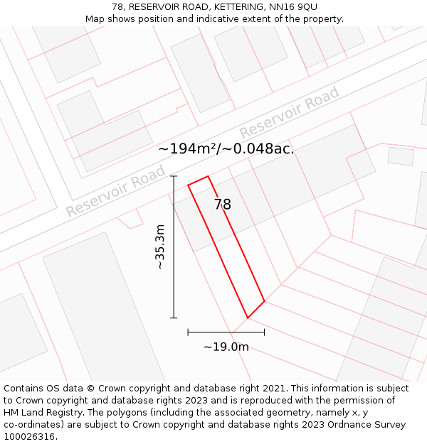 78, RESERVOIR ROAD, KETTERING, NN16 9QU: Plot and title map