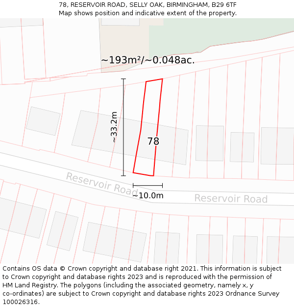 78, RESERVOIR ROAD, SELLY OAK, BIRMINGHAM, B29 6TF: Plot and title map