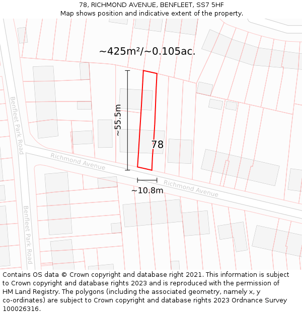 78, RICHMOND AVENUE, BENFLEET, SS7 5HF: Plot and title map
