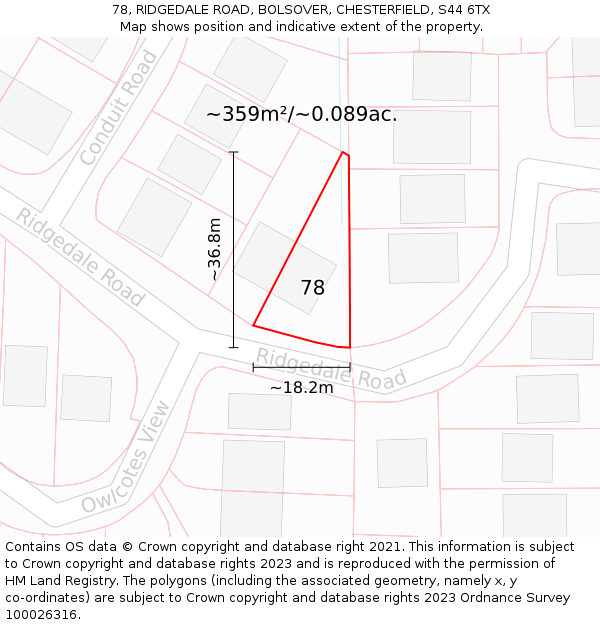 78, RIDGEDALE ROAD, BOLSOVER, CHESTERFIELD, S44 6TX: Plot and title map