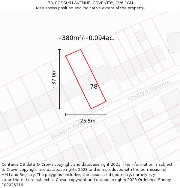 78, ROSSLYN AVENUE, COVENTRY, CV6 1GN: Plot and title map