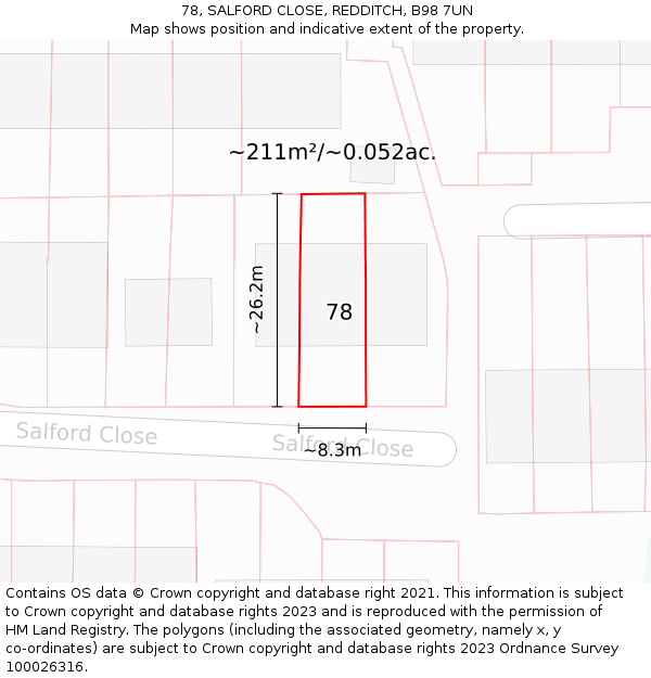 78, SALFORD CLOSE, REDDITCH, B98 7UN: Plot and title map