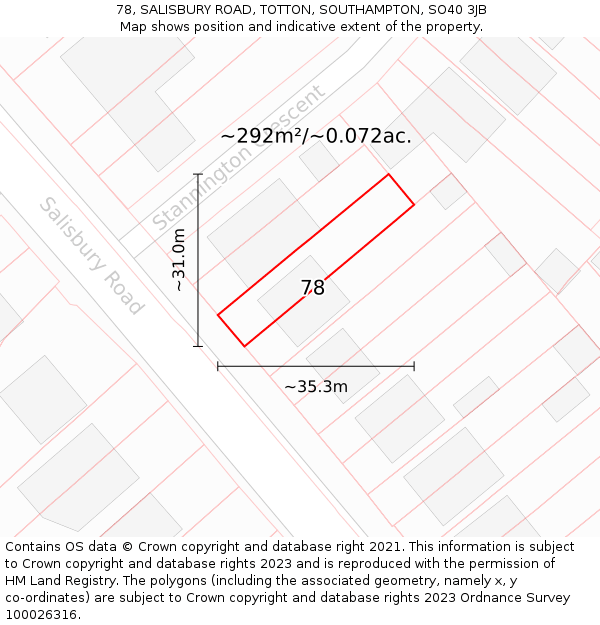 78, SALISBURY ROAD, TOTTON, SOUTHAMPTON, SO40 3JB: Plot and title map