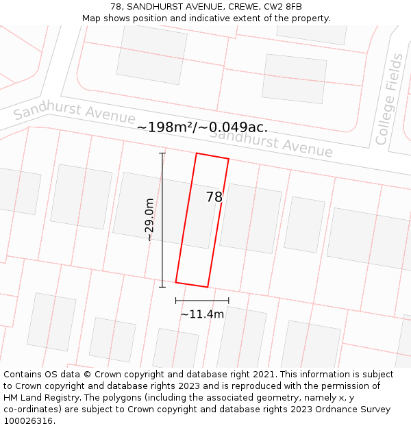 78, SANDHURST AVENUE, CREWE, CW2 8FB: Plot and title map