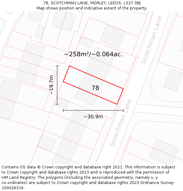 78, SCOTCHMAN LANE, MORLEY, LEEDS, LS27 0BJ: Plot and title map