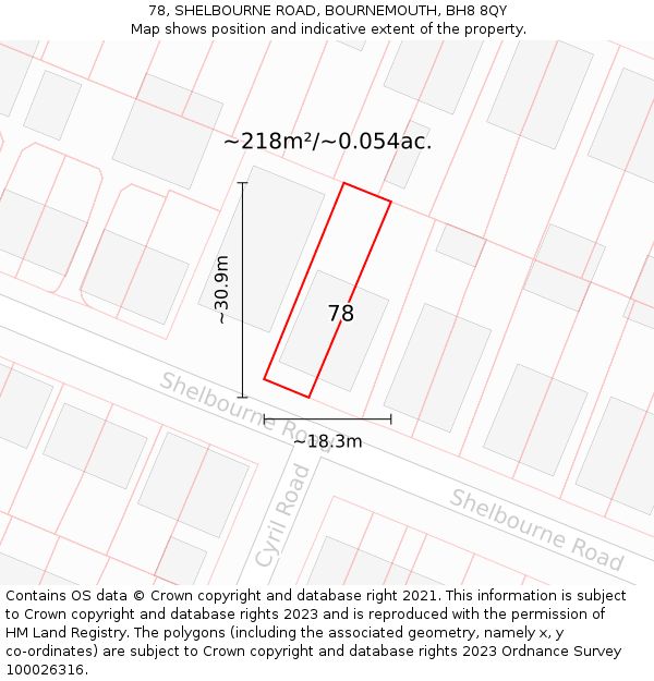 78, SHELBOURNE ROAD, BOURNEMOUTH, BH8 8QY: Plot and title map