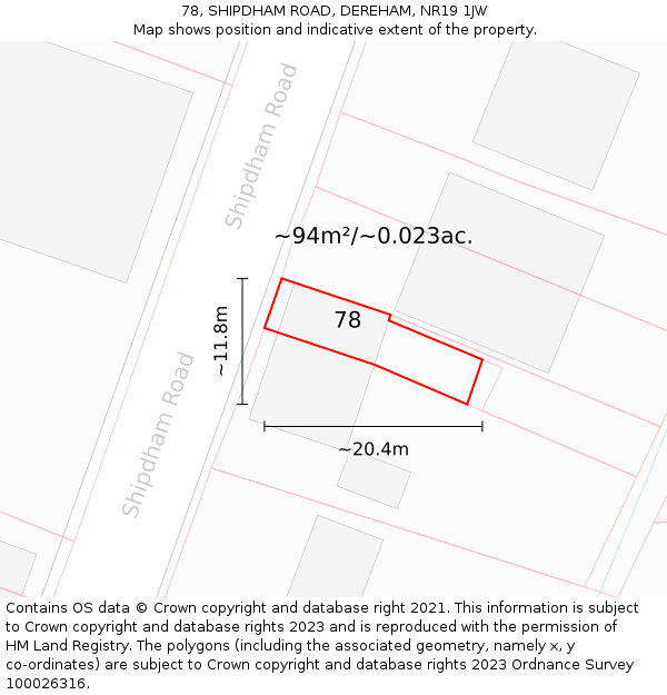 78, SHIPDHAM ROAD, DEREHAM, NR19 1JW: Plot and title map