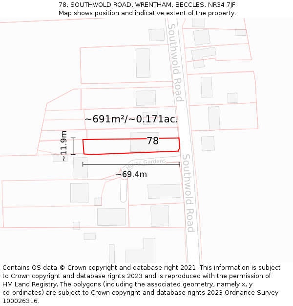 78, SOUTHWOLD ROAD, WRENTHAM, BECCLES, NR34 7JF: Plot and title map