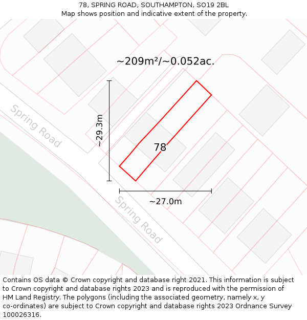 78, SPRING ROAD, SOUTHAMPTON, SO19 2BL: Plot and title map