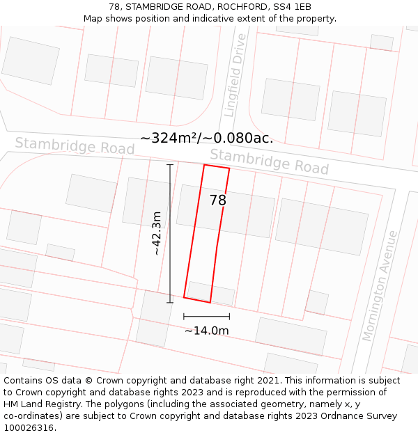 78, STAMBRIDGE ROAD, ROCHFORD, SS4 1EB: Plot and title map