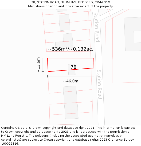 78, STATION ROAD, BLUNHAM, BEDFORD, MK44 3NX: Plot and title map