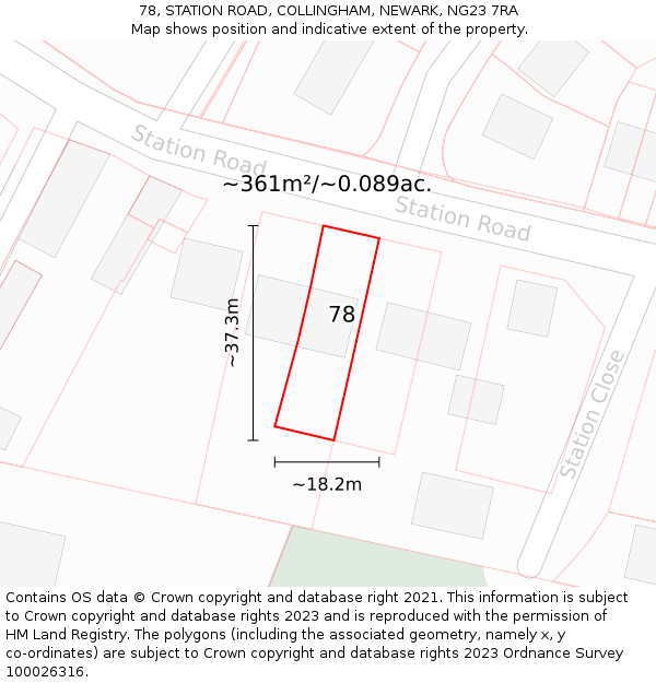 78, STATION ROAD, COLLINGHAM, NEWARK, NG23 7RA: Plot and title map