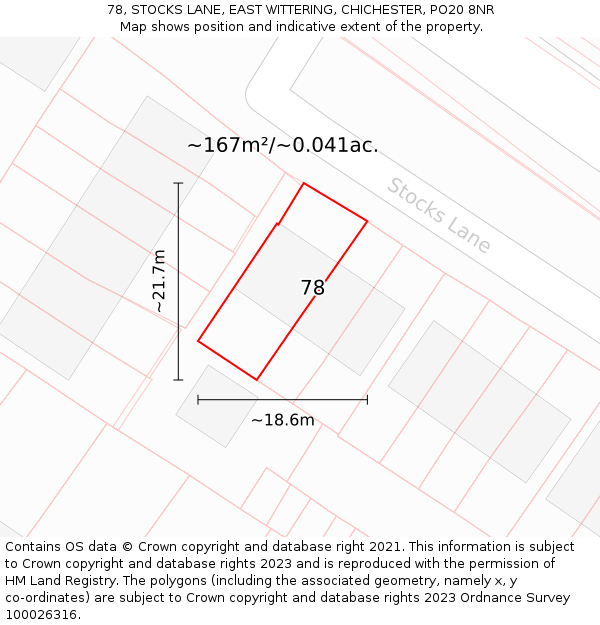 78, STOCKS LANE, EAST WITTERING, CHICHESTER, PO20 8NR: Plot and title map